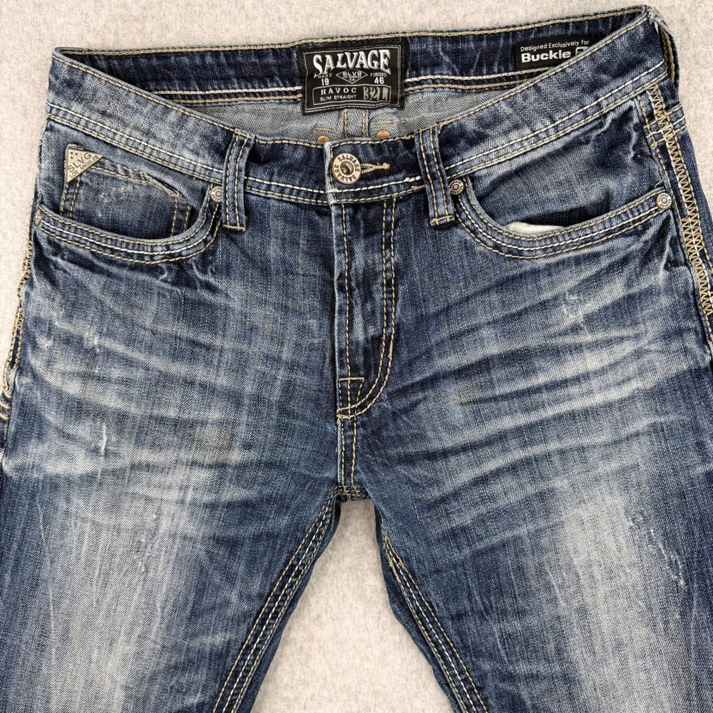 Salvage Havoc Slim Straight Jeans Mens 32 Medium Wash Buckle SLVG 23-460 Blue
